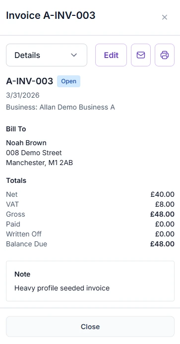 Mobile invoice preview showing totals and payment details
