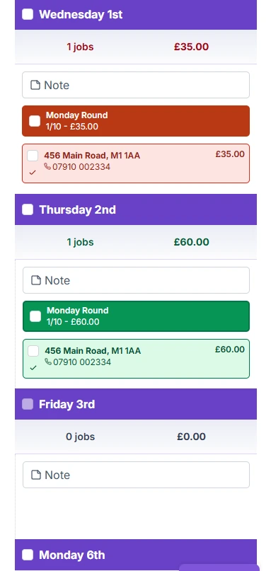 Mobile planner view showing assigned jobs and due dates