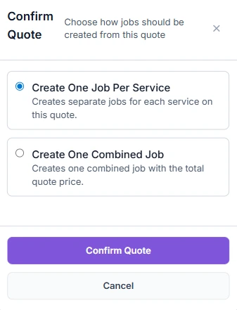 Mobile quote conversion flow showing job creation options