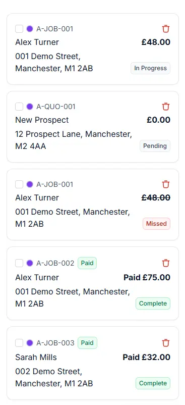 Mobile worksheet status screen with assigned jobs and completion progress