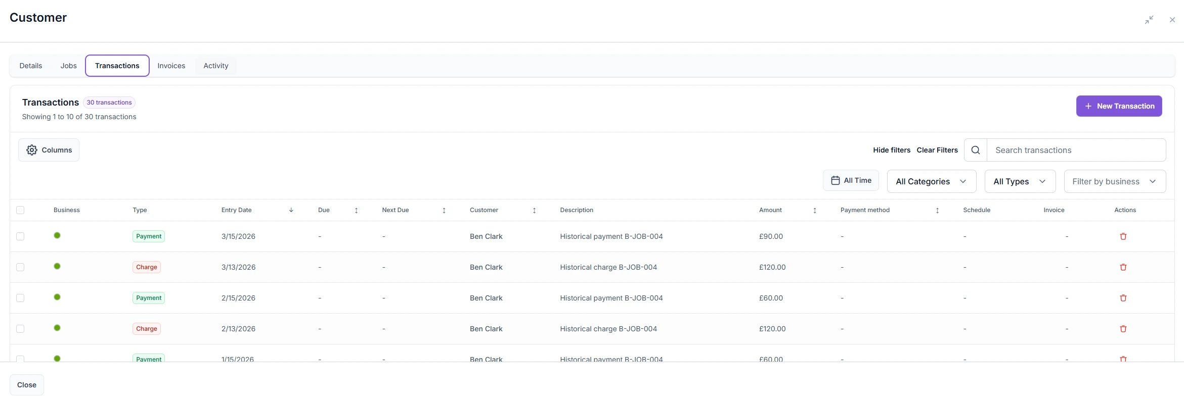 Customer management dashboard with history and balance insights