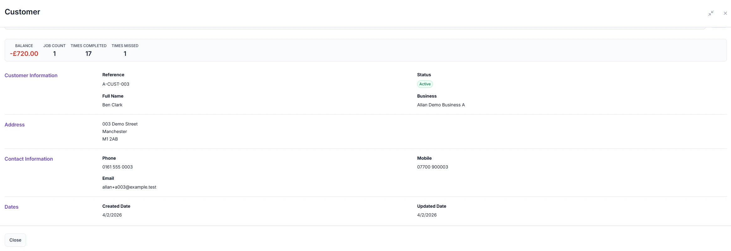 Desktop customer profile view with contact details and notes