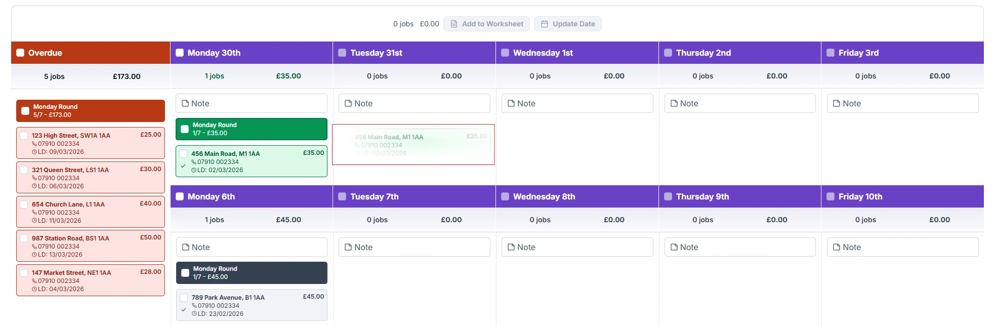 Desktop planner view showing jobs moved between schedule slots