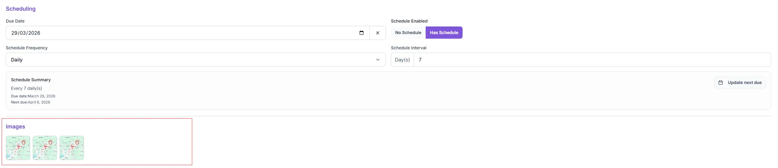 Desktop job record view combining service context with attached job images
