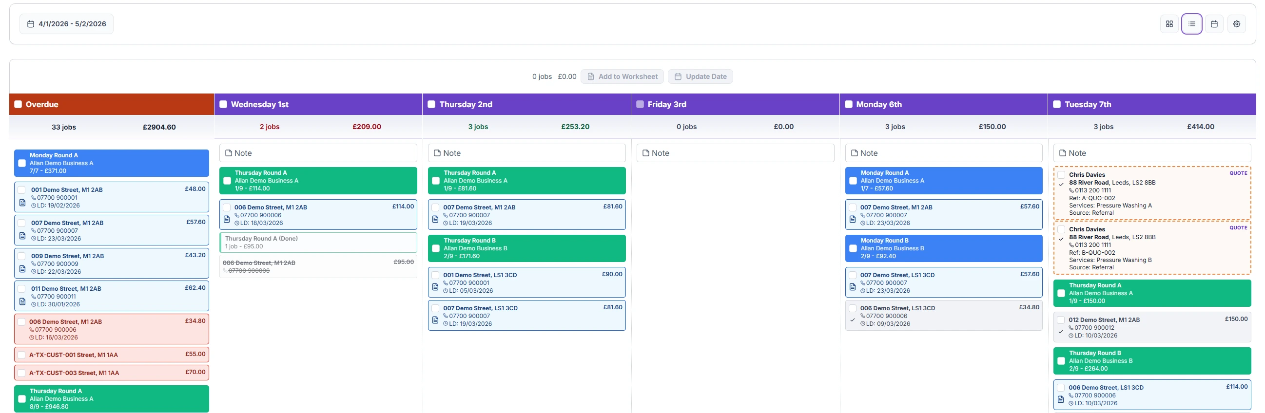 Desktop schedule board with recurring jobs mapped across the week