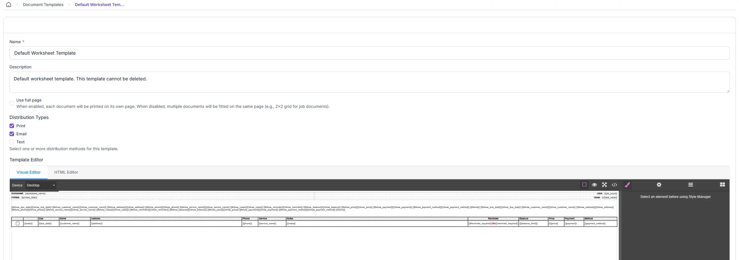 Desktop document template editor with branded service paperwork