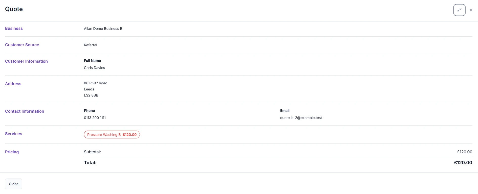 Desktop quote detail view showing customer details, services, and pricing