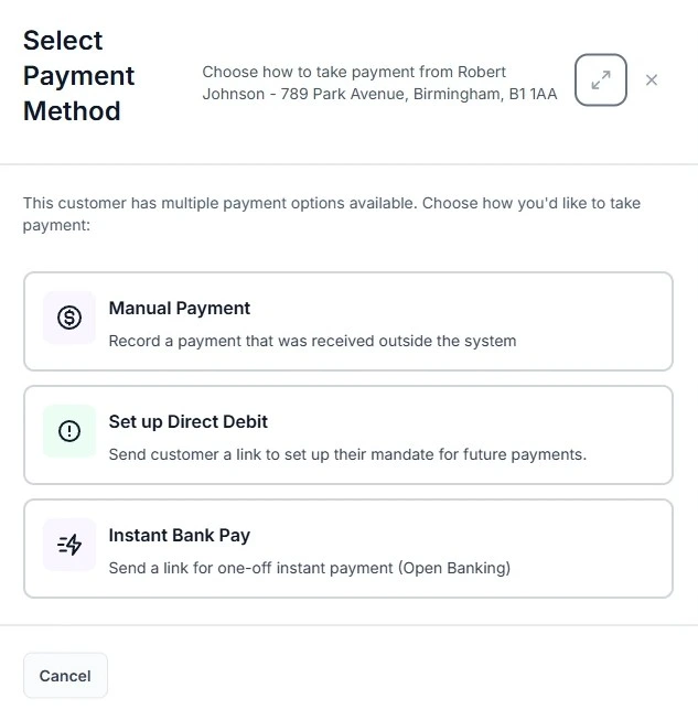 Customer payment flow showing GoCardless authorisation for instant or recurring payments