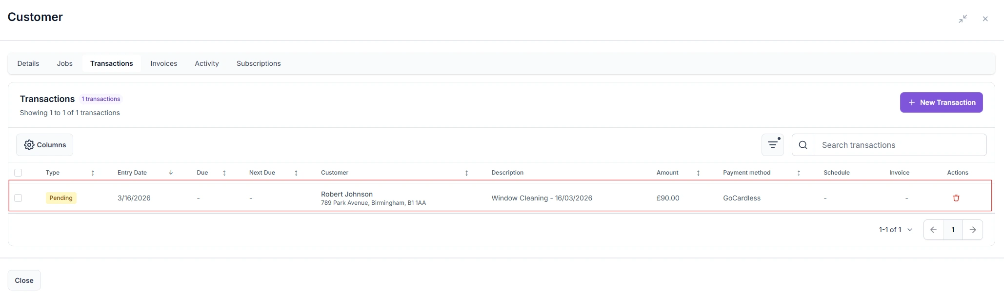 Payment transactions list with GoCardless statuses updating inside Work Planner